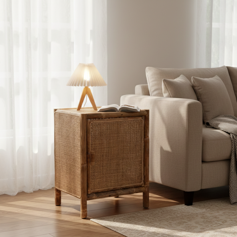 Traditional Chinese Wood Color Storage Cabinet: Natural Indonesian Rattan & Handwoven - Single-Cabinet Storage Sideboard For Living Room