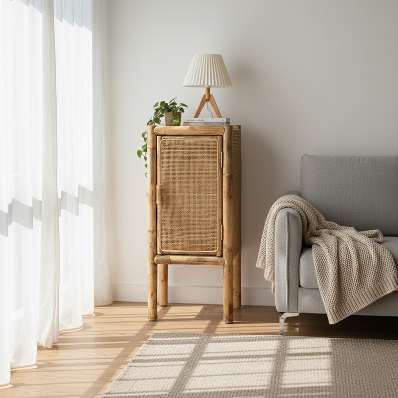 Traditional Chinese Slim Storage Cabinet: Natural Indonesian Rattan & Handwoven - Space-Saving Storage Sideboard For Living Room