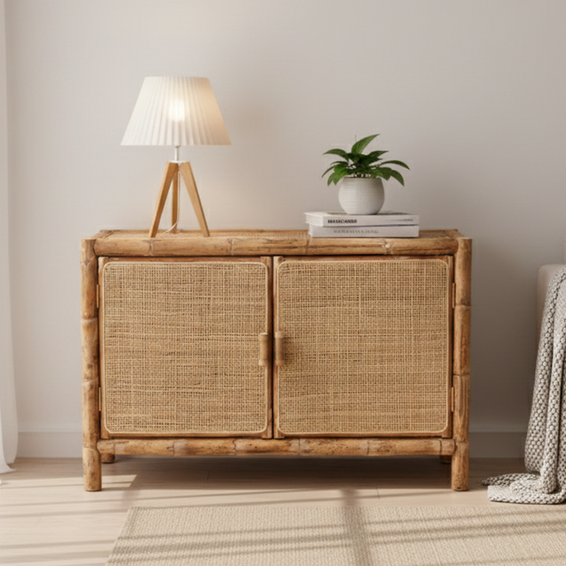 Traditional Chinese Rectangular Storage Cabinet: Natural Indonesian Rattan & Handwoven - Large Capacity Storage Sideboard For Living Room