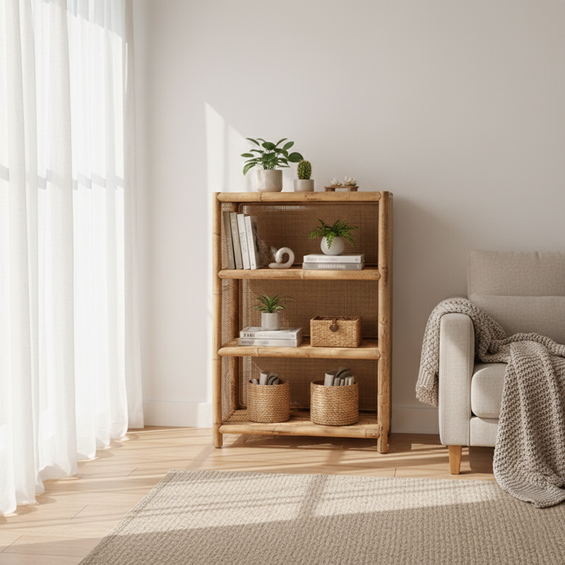 Traditional Chinese Rectangular Bookshelf: Natural Indonesian Rattan & Handwoven - 3-Tier Large Capacity Storage Shelf For Living Room