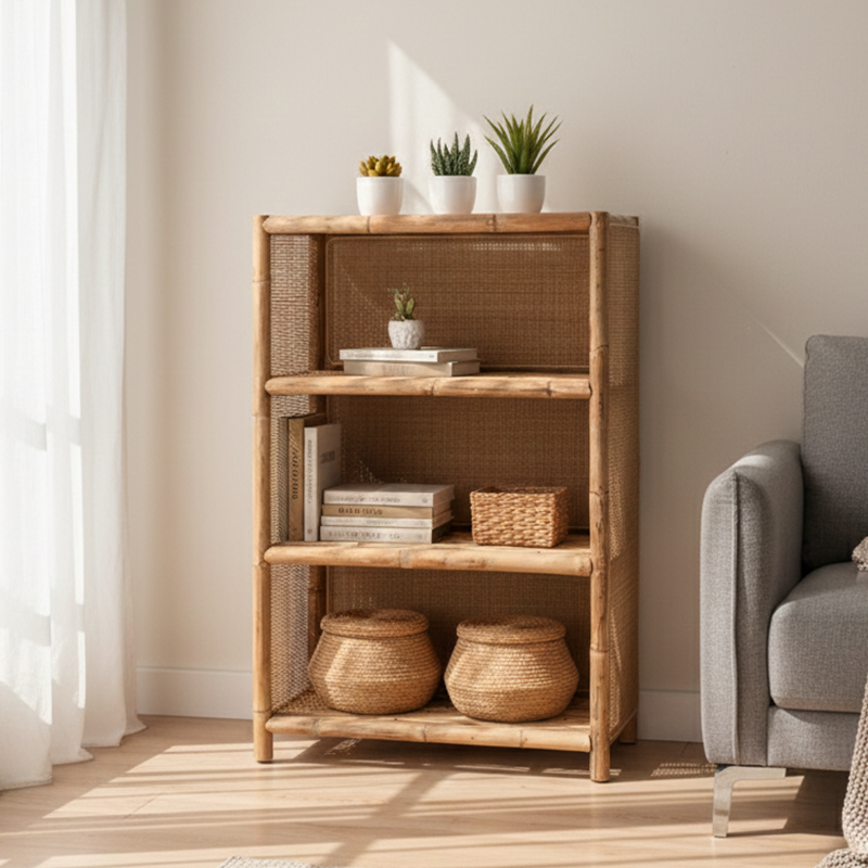 Traditional Chinese Rectangular Bookshelf: Natural Indonesian Rattan & Handwoven - 3-Tier Large Capacity Storage Shelf For Living Room