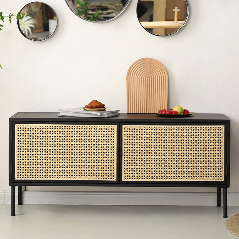 Traditional Vintage Rectangular Iron Storage Cabinet: Natural Indonesian Rattan & Handwoven - 1-Cabinet Large Capacity Sideboard For Living Room