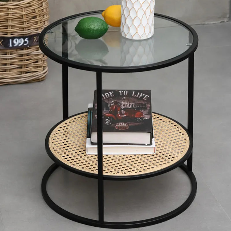 Modern Minimalist Round Glass-Top Side Table: Natural Indonesian Rattan & Handwoven - 2-Tier End Table For Living Room
