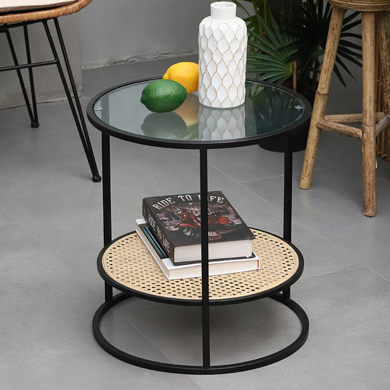Modern Minimalist Round Glass-Top Side Table: Natural Indonesian Rattan & Handwoven - 2-Tier End Table For Living Room