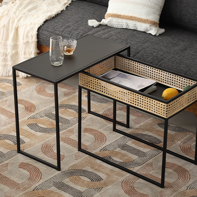 Modern Minimalist Rectangular Iron Desk: Natural Indonesian Rattan & Handwoven - 1 Storage Cabinet Side Table For Living Room