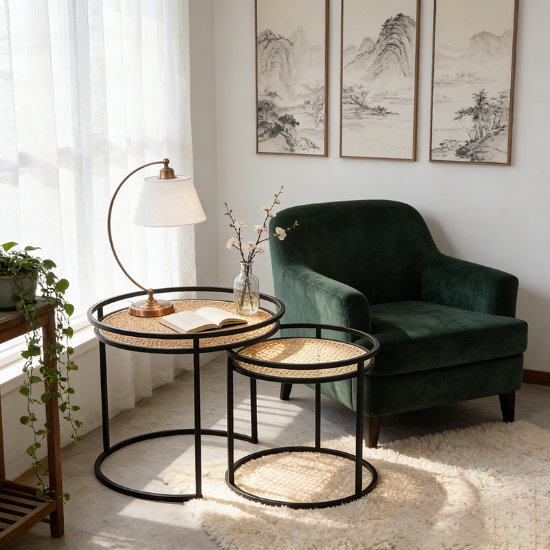 Modern Minimalist Round Iron Side Table: Natural Indonesian Rattan & Handwoven - Dual-Table Set End Table For Living Room