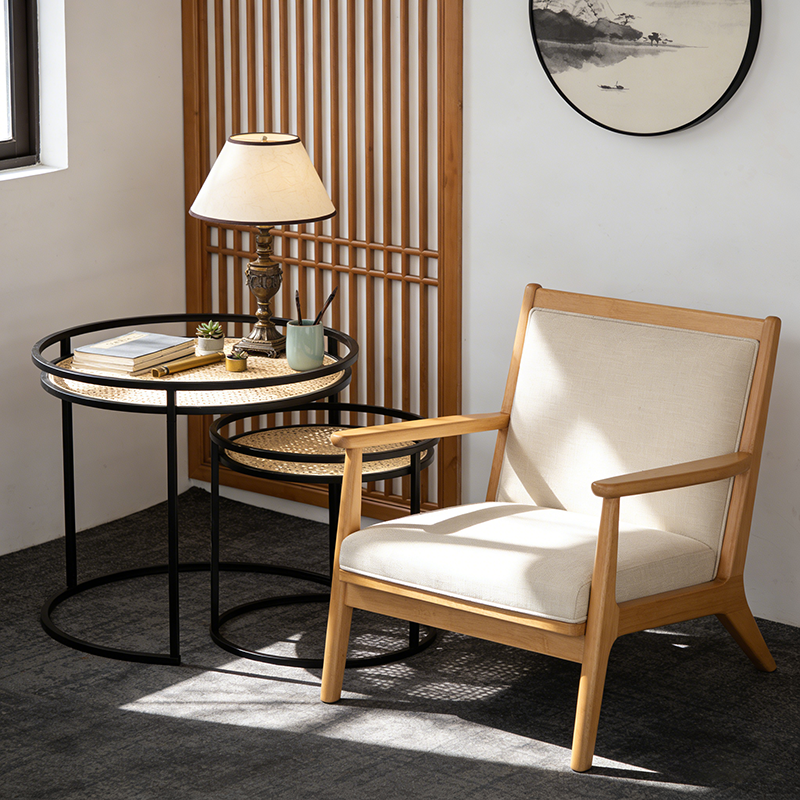 Modern Minimalist Round Iron Side Table: Natural Indonesian Rattan & Handwoven - Dual-Table Set End Table For Living Room