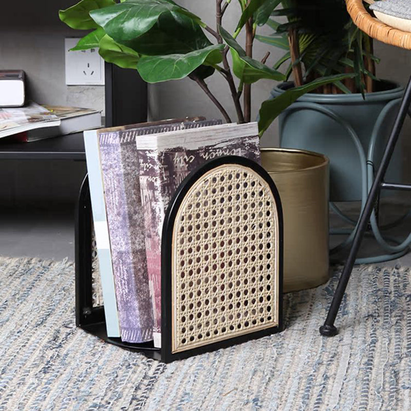 Traditional Vintage Half-Round Iron Bookshelf: Natural Indonesian Rattan & Handwoven - Desk Storage Shelf For Study & Bedroom