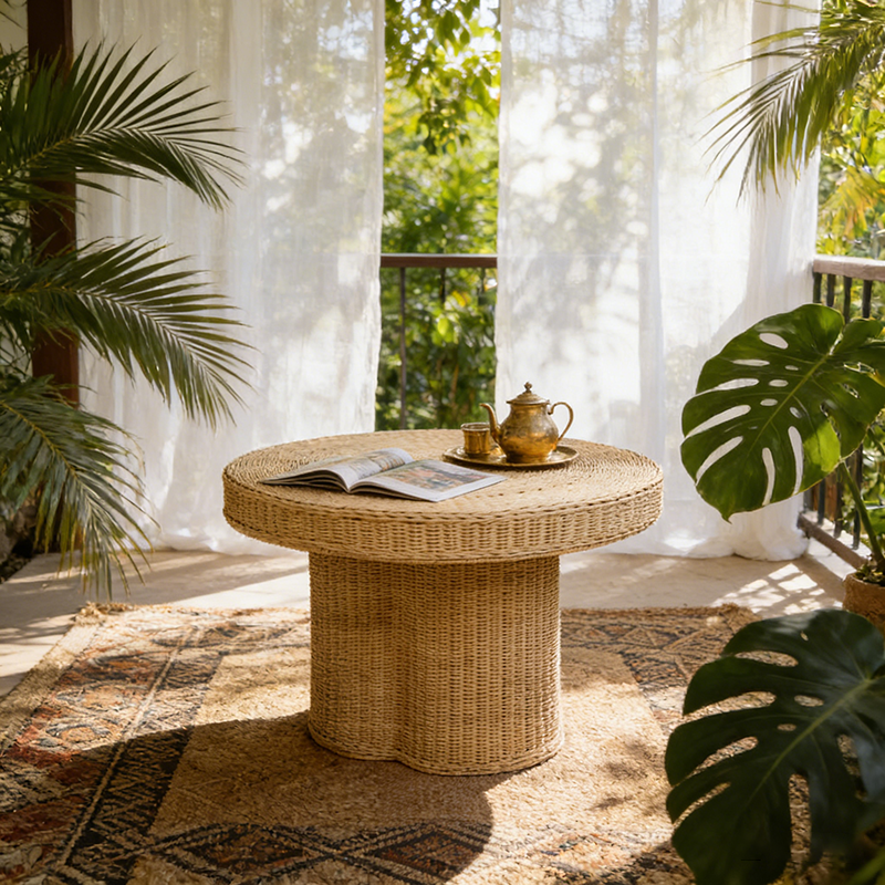 Contemporary Scandinavian Round Coffee Table: Natural Indonesian Rattan & Handwoven - Wood Color Tea Table For Living Room