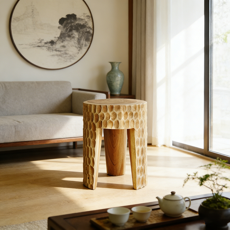 Modern Art Deco Round Side Table: Honeycomb Carving - Solid Wood End Table For Living Room