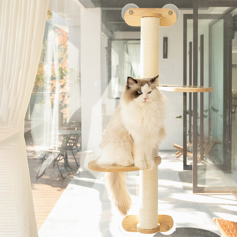 Contemporary Scandinavian Round Rubberwood Solid Wood Kraft Paper Rope Cat Tree 3-Tier For Living Room