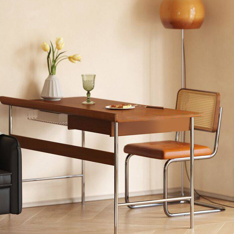 Modern Minimalist Rectangular Solid Wood Stainless Steel Desk 4-Leg 1-Drawer For Home Office