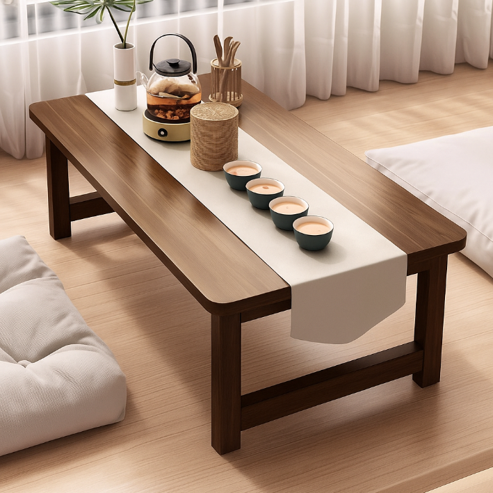 Traditional Japanese Solid Wood Rounded Rectangular Ended Table 1-Tier Folding Design For Living Room