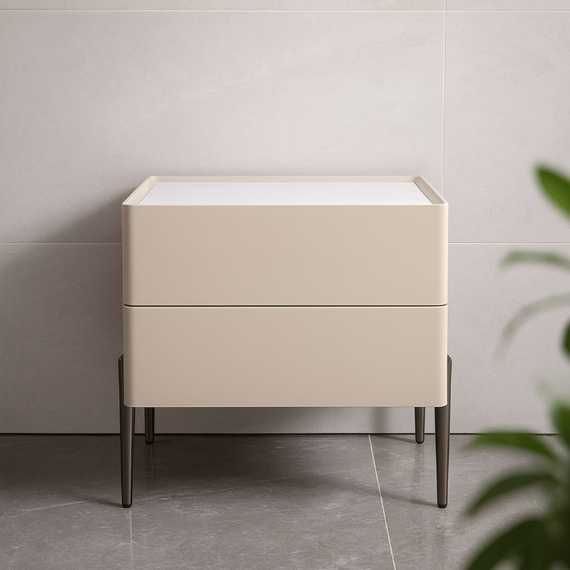 Contemporary Scandinavian Square Cream White 2-Drawer Storage Nightstand - Stone Slab Top Bedside Table For Bedroom