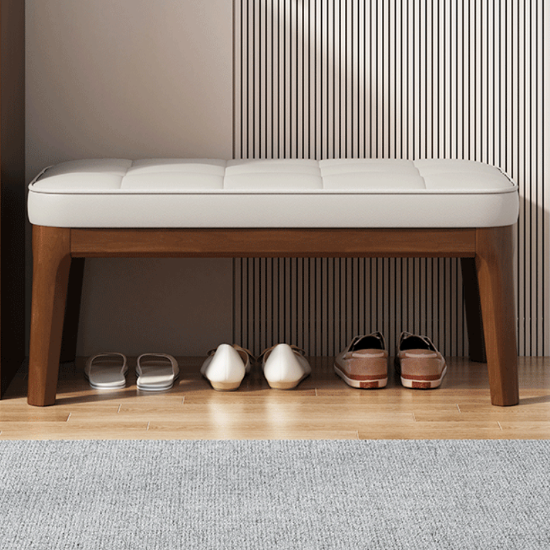 Contemporary Scandinavian PU Leather Solid Wood Rectangular Grid Upholstered Shoe Bench For Entryway & Living Room