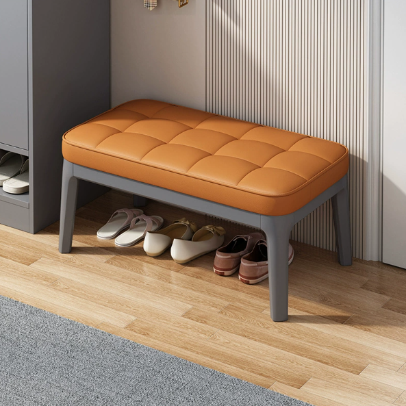 Contemporary Scandinavian PU Leather Solid Wood Rectangular Grid Upholstered Shoe Bench For Entryway & Living Room