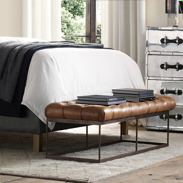 Contemporary Industrial Tufted PU Leather Upholstered Iron Rectangular Frame Bench For Entryway