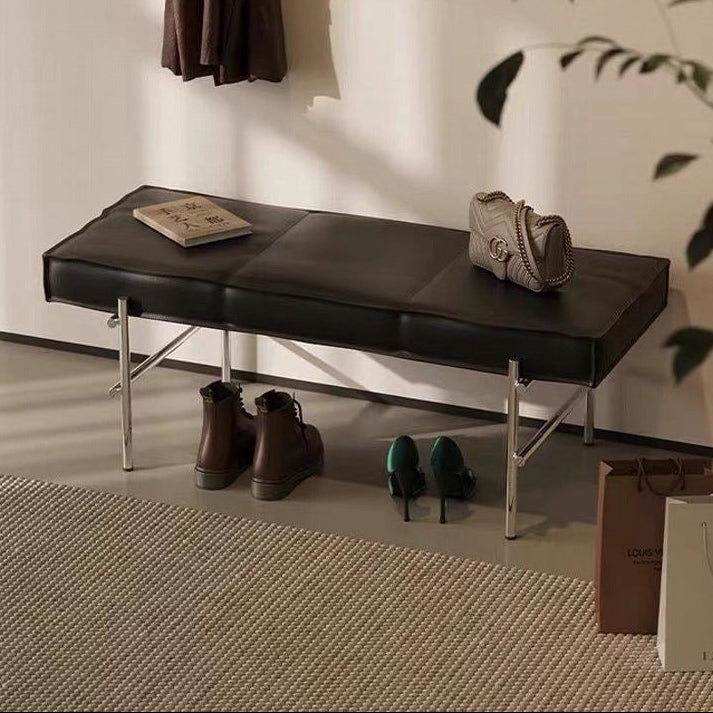 Modern Transitional Rectangular Faux Leather Upholstered Stainless Steel Entryway Bench Footstool For Living Room