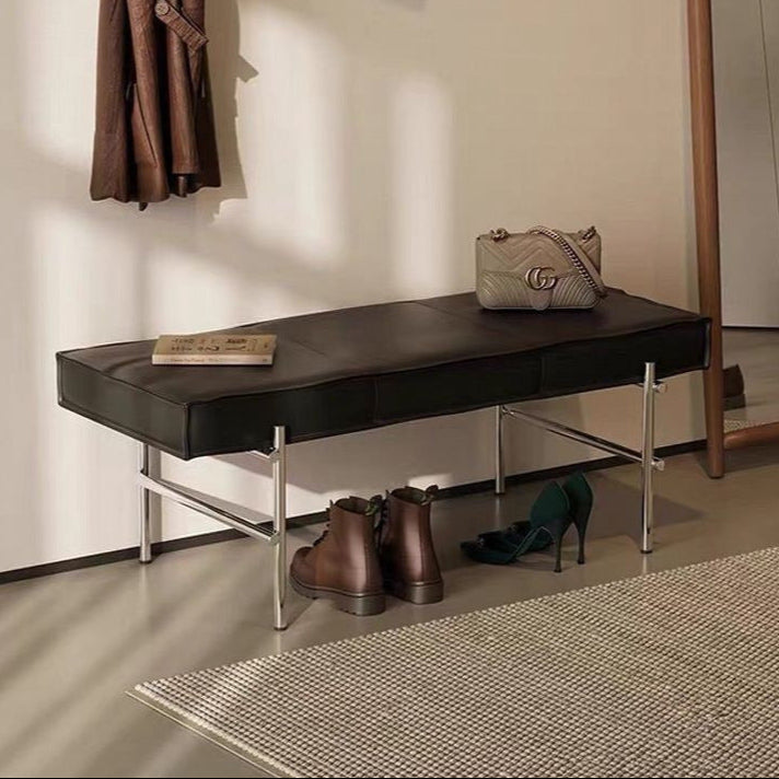 Modern Transitional Rectangular Faux Leather Upholstered Stainless Steel Entryway Bench Footstool For Living Room