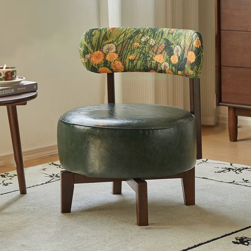 Traditional Vintage Swivel Round Wood Oil-waxed Leather Chair Backrest For Living Room
