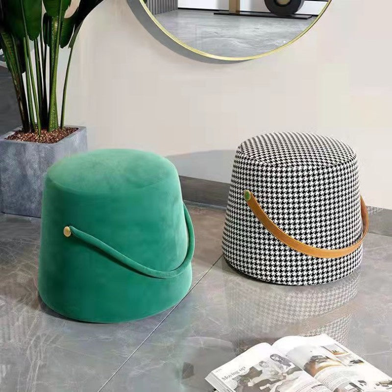 Contemporary Nordic Fabric Velvet Wood Sponge Round Cylinder Footstool Portable For Entryways