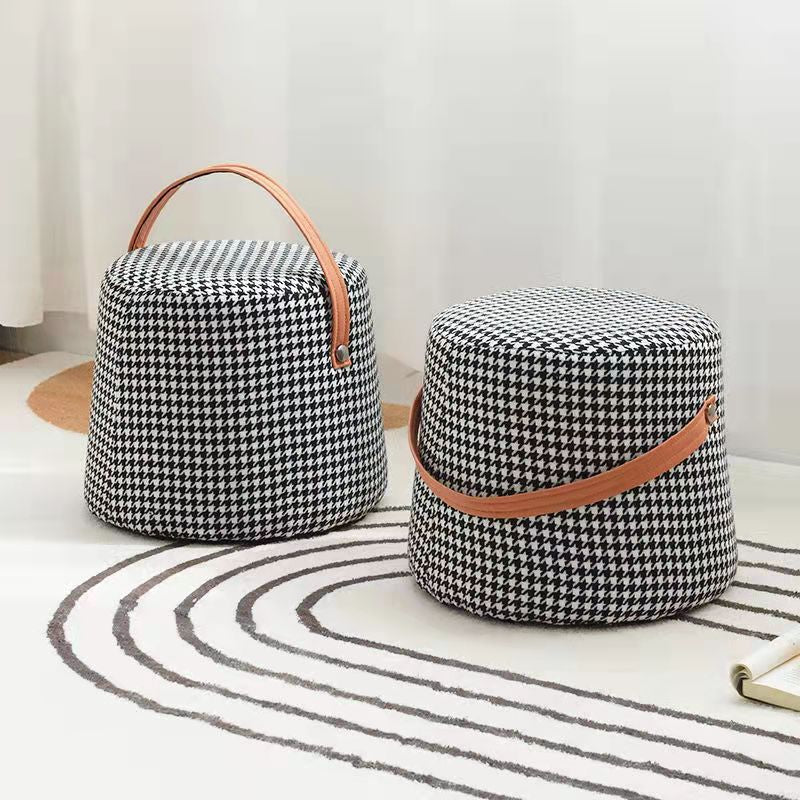 Contemporary Nordic Fabric Velvet Wood Sponge Round Cylinder Footstool Portable For Entryways