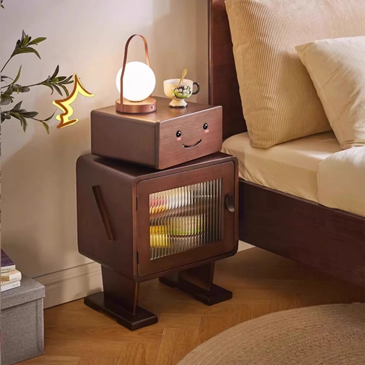 Contemporary Creative Solid Wood Glass Rounded Robot-Shaped Nightstand With 2 Storage For Bedroom & Living Room