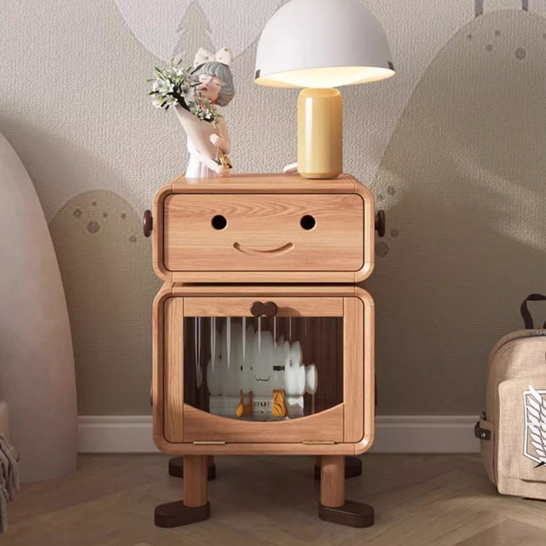 Contemporary Creative Solid Wood Glass Cylindrical Robot Nightstand With 1 Drawer For Bedroom