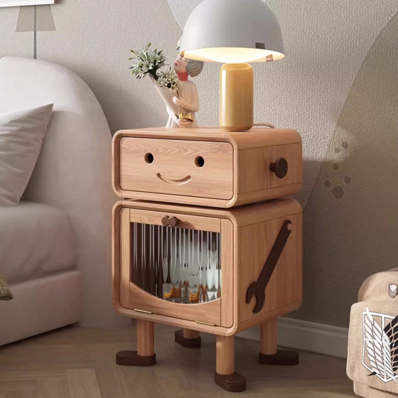 Contemporary Creative Solid Wood Glass Cylindrical Robot Nightstand With 1 Drawer For Bedroom