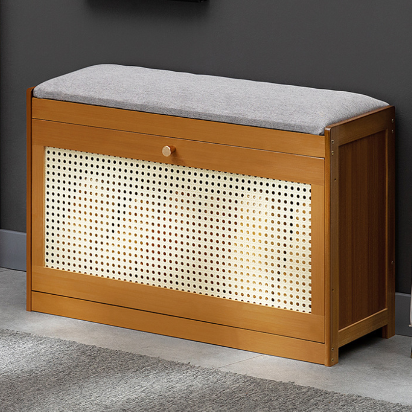 Traditional Japanese Bamboo ABS Linen Rectangular Ventilated Shoe Bench For Entryway & Living Room