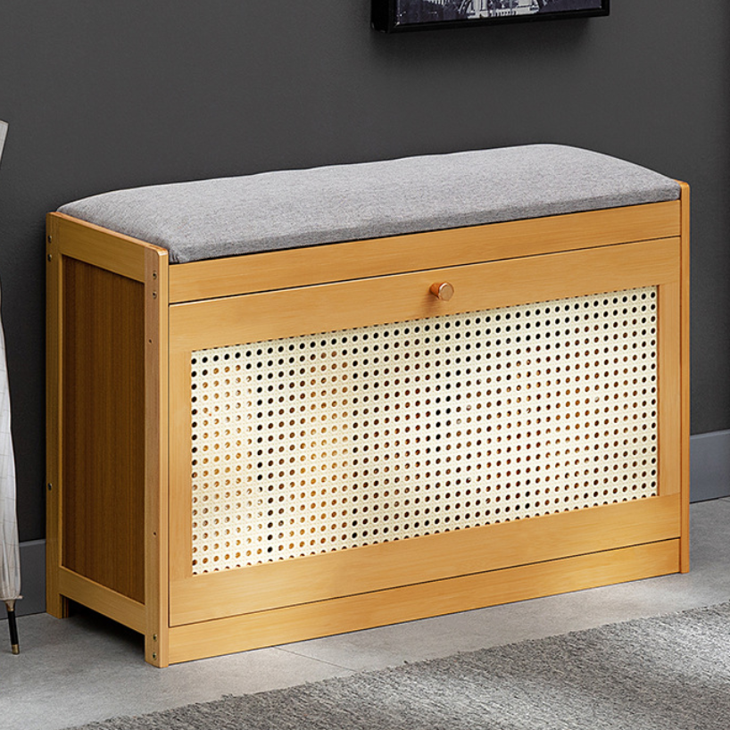 Traditional Japanese Bamboo ABS Linen Rectangular Ventilated Shoe Bench For Entryway & Living Room
