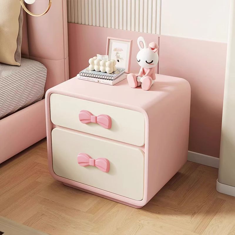 Modern Art Deco Rectangular Bowknot Solid Wood Kids Nightstand 2-Drawer For Bedroom