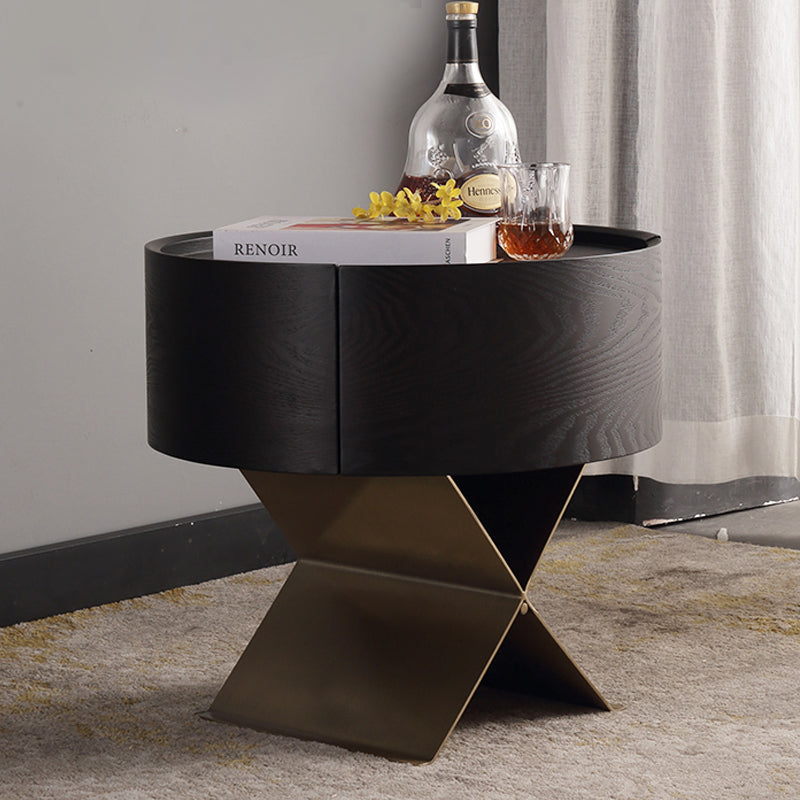 Industrial Smoked Wood Nightstand - Solid Wood Board & Smooth Circular 1-Drawer Bedside Table For Bedroom