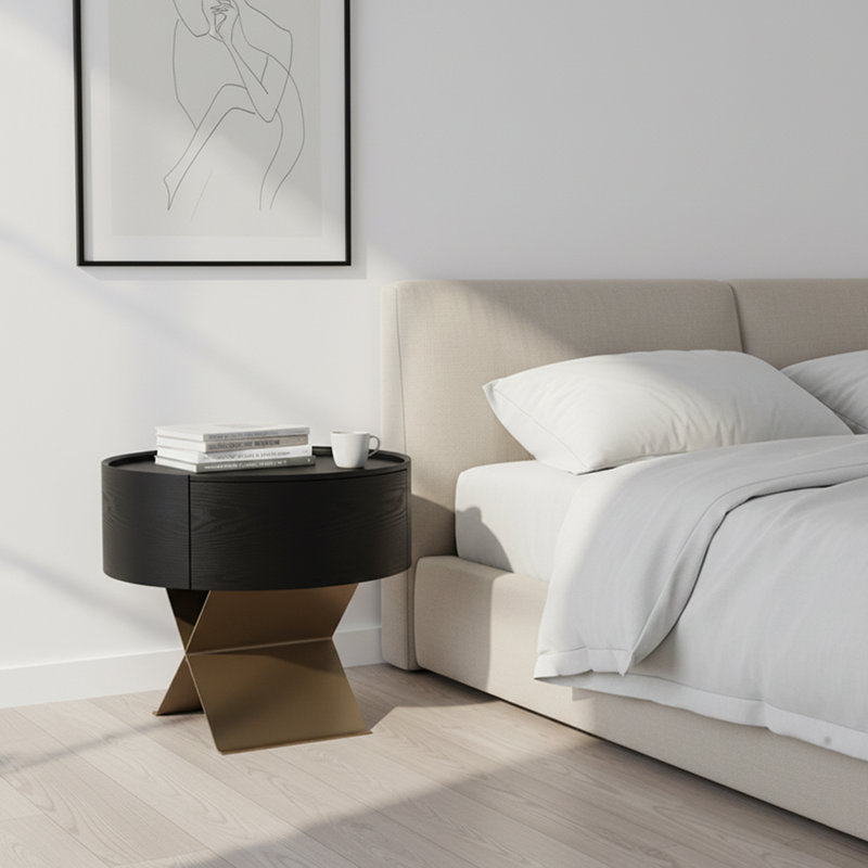 Industrial Smoked Wood Nightstand - Solid Wood Board & Smooth Circular 1-Drawer Bedside Table For Bedroom