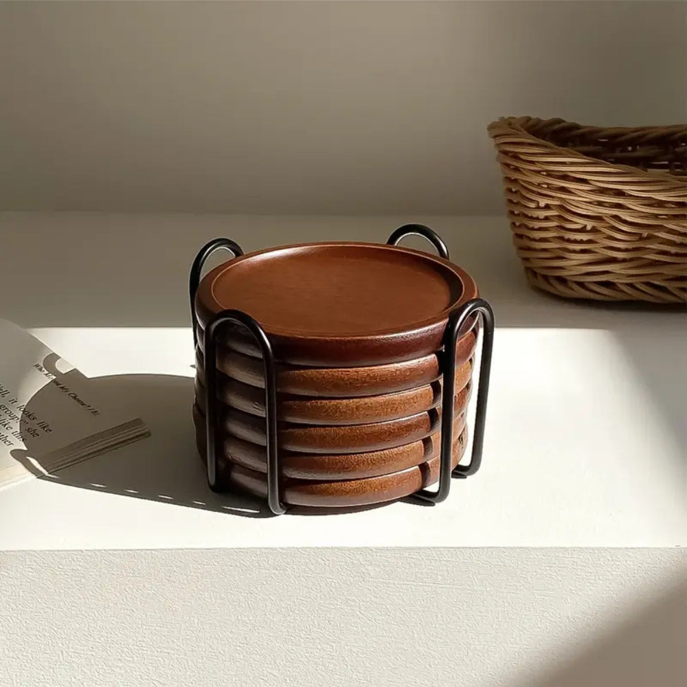 Rustikale Holzuntersetzer mit Metallhalter | 6er Set