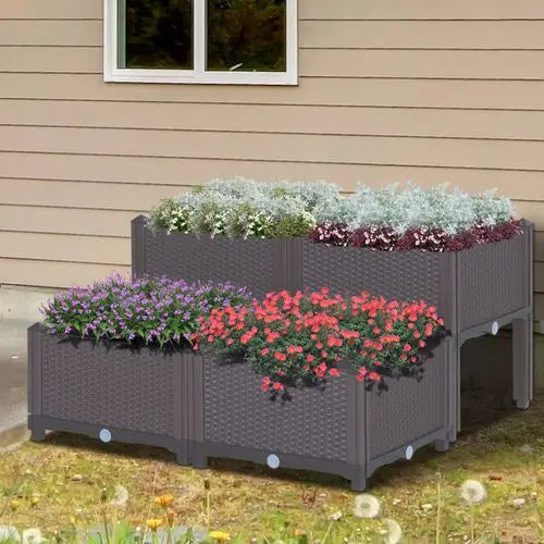 Raised Plastic Planter Box – Self-Draining Rattan-Style Design for Outdoor Gardening