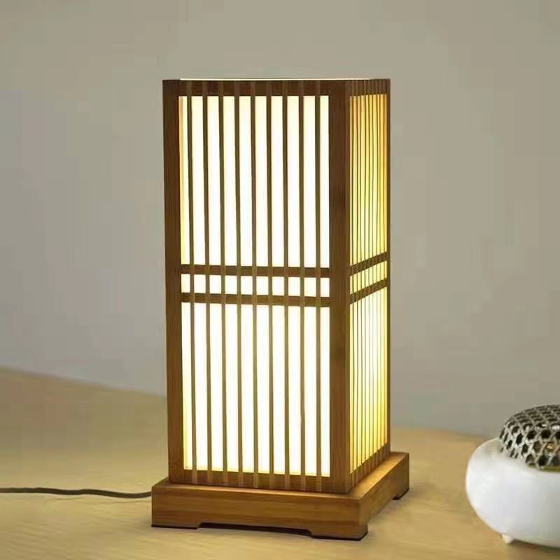 Japanese Minimalist Wooden Square Column 1-Light Table Lamp