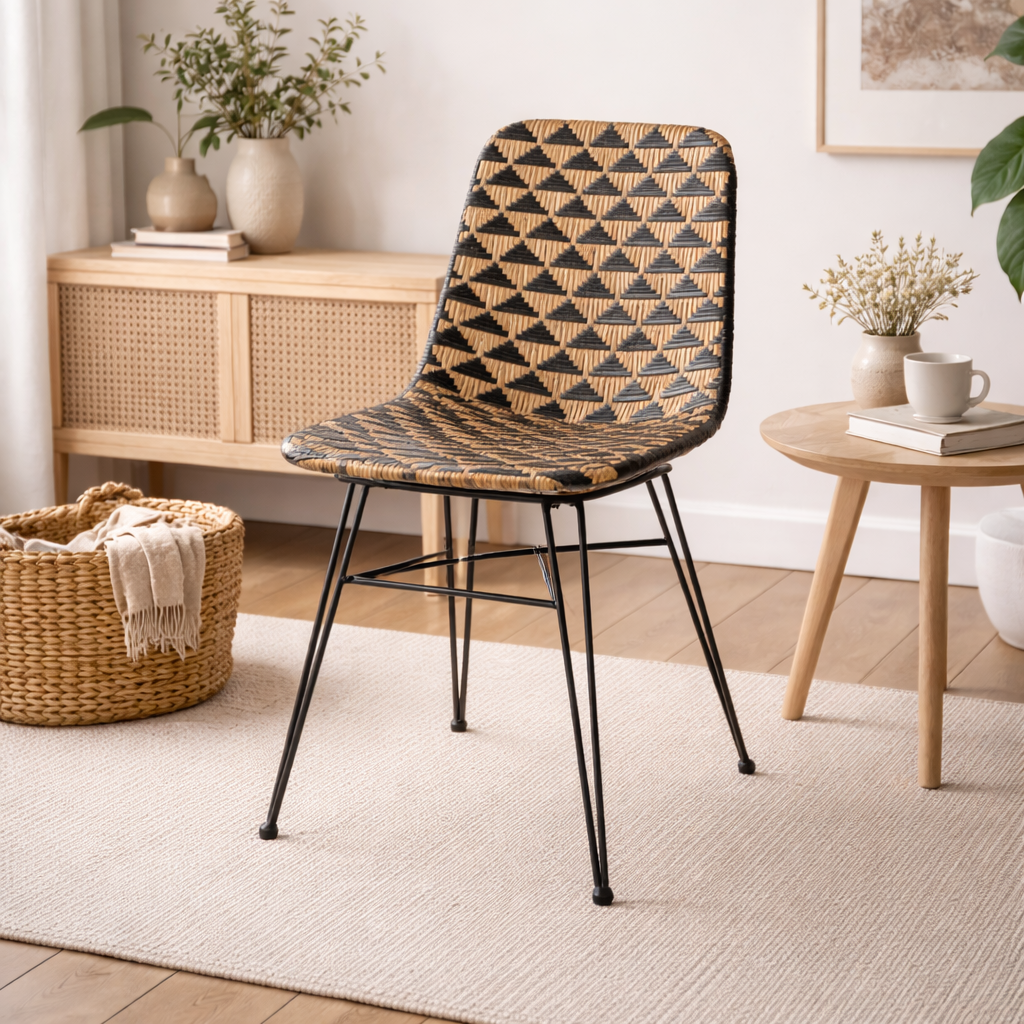 Bohemian Geometric Rattan Dining Chair - Lightweight Hand-Woven Rattan Chair For Dining Room & Kitchen