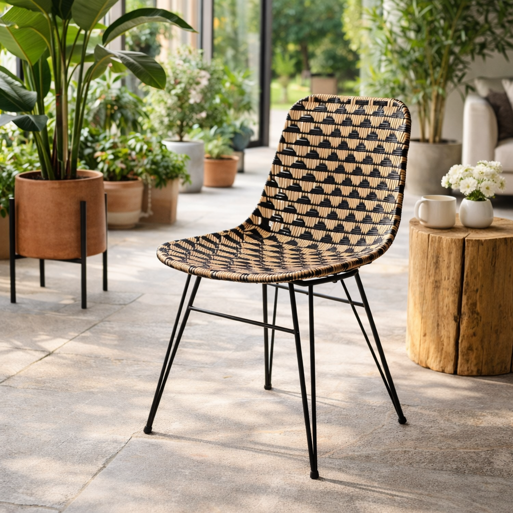 Bohemian Geometric Rattan Dining Chair - Lightweight Hand-Woven Rattan Chair For Dining Room & Kitchen