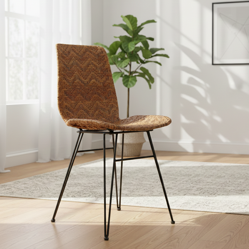 Rust-Proof Iron Frame Dining Chair - Lightweight Hand-Woven Rattan Weaving Chair For Dining Room