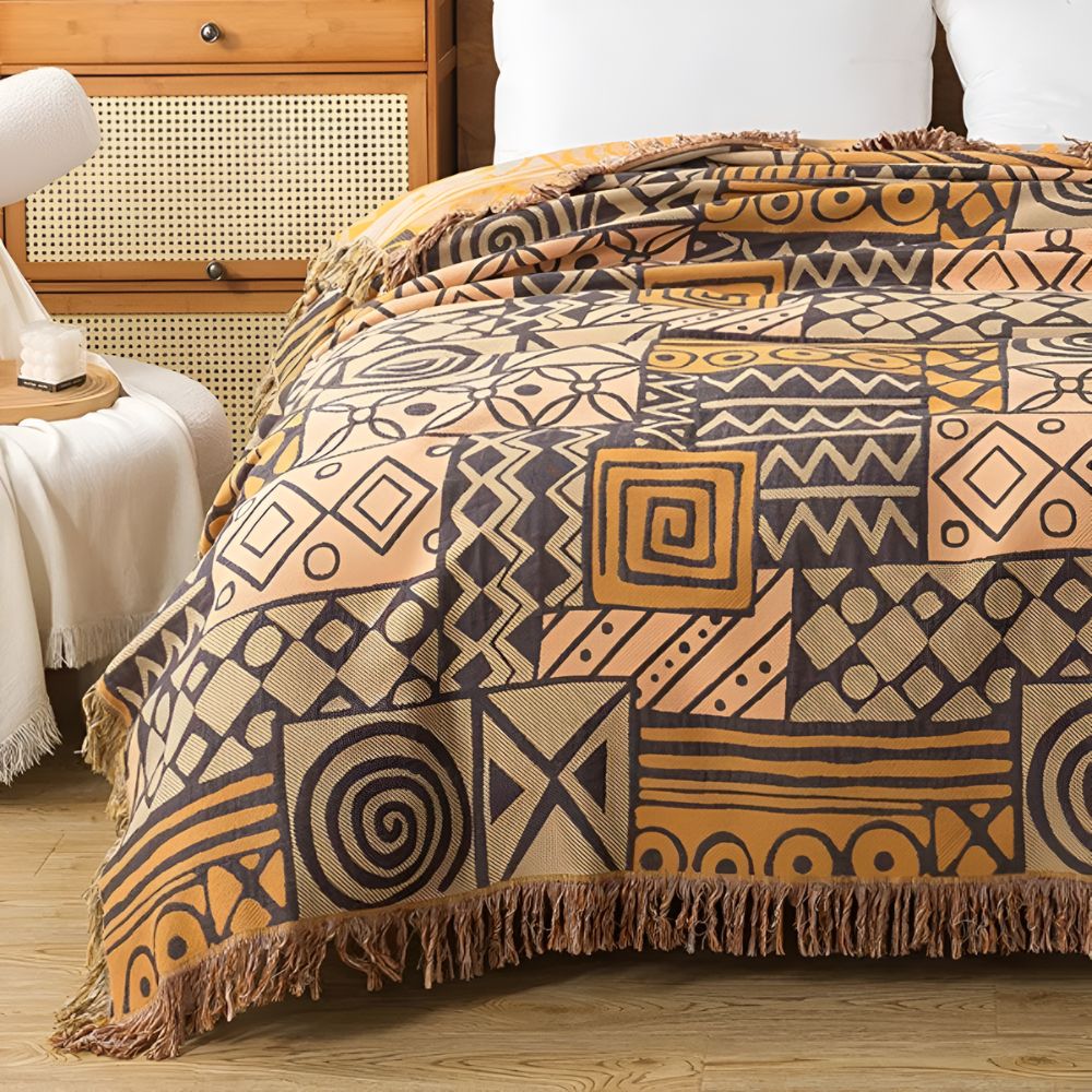 Couverture Réversible en Coton à Pompons Patchwork Tribal