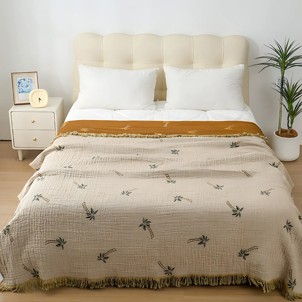 Couverture Réversible en Coton Palmier Tropical