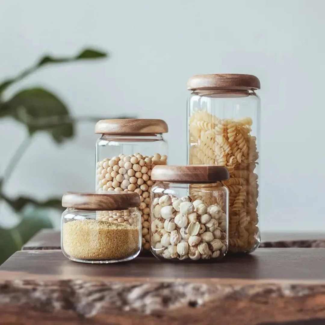 Bocal de conservation en verre transparent – Couvercle en bois d’acacia | Virelle Maison