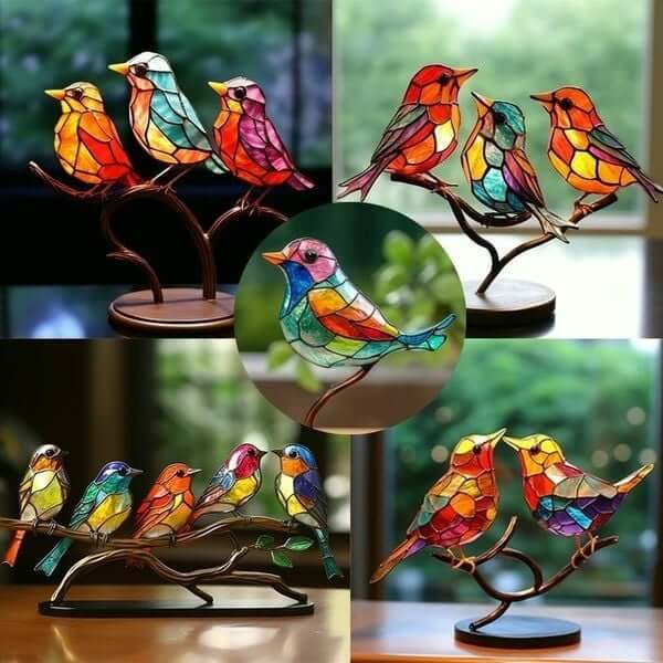 ColorBirds - Coloured Birds on Branch Decorative Sculpture