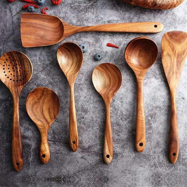 Utensilios de Cocina de Madera de Teca Hechos a Mano | Set de 7 piezas