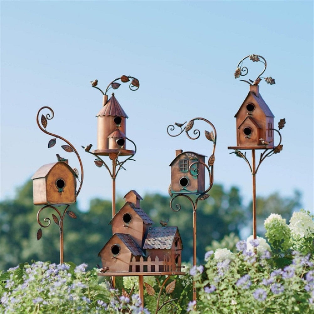 Metal Art Birdhouse on Garden Stake - FeatherNest