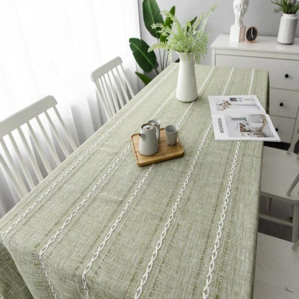 Tovaglia rigata in cotone-lino ricamata | Virelle Maison