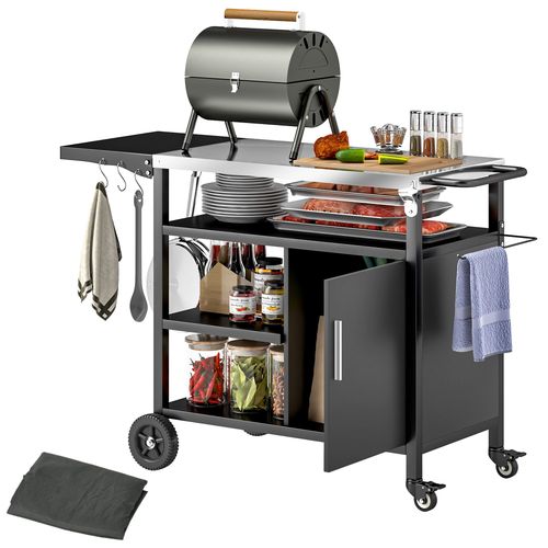 Outsunny Stainless Steel BBQ Trolley with Folding Table & Wheels - Black