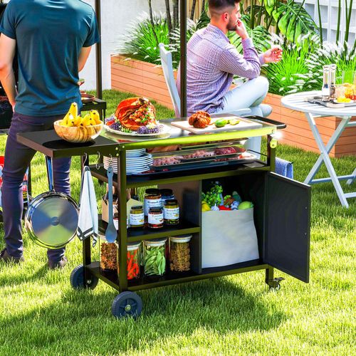 Outsunny Stainless Steel BBQ Trolley with Folding Table & Wheels - Black