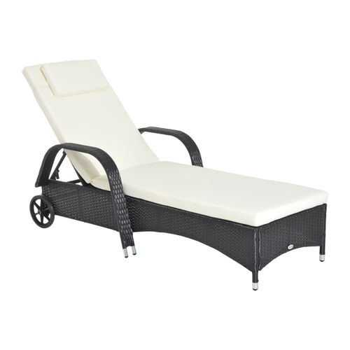 Outsunny Adjustable Rattan Sun Lounger | 5-Position Outdoor Recliner with Cushion & Wheels